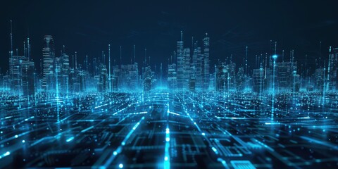 A futuristic smart city with a glowing digital grid overlay and high-tech skyline. AI-driven technology highlights the interconnected urban landscape, creating a cyberpunk-inspired scene