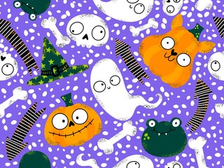 Halloween cute pumpkins seamless monsters pattern for wrapping paper and fabric