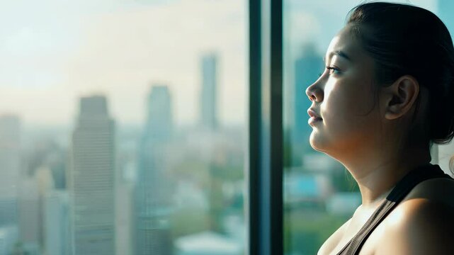 over weight Asian woman wearing sport bra looking out of window with urban cityscape background, 