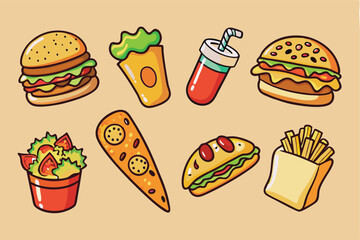 Fast food illustrations stickers set. Vector collection. Fast food cartoon icons. Hamburger, hot dog, pizza, taco, popcorn and other delicious food isolated on beige background. Perfect for menu 