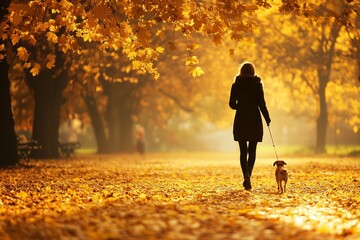 Obraz premium A woman walks her dog along a sunlit path covered in autumn leaves in a tranquil park during the early evening hours