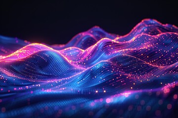 abstract background, screen pixels, glowing dots, neon lights, virtual reality, equalizer, chart, ultraviolet spectrum, pink blue vibrant colors, laser show, isolated on black