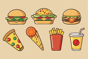 Fast food illustrations stickers set. Vector collection. Fast food cartoon icons. Hamburger, hot dog, pizza, taco, popcorn and other delicious food isolated on beige background. Perfect for menu 