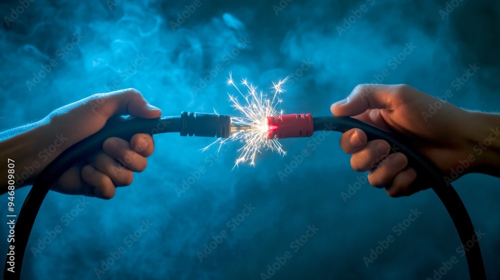 Poster two hands connect electrical cables, creating a spark that signifies energy and power. this image re