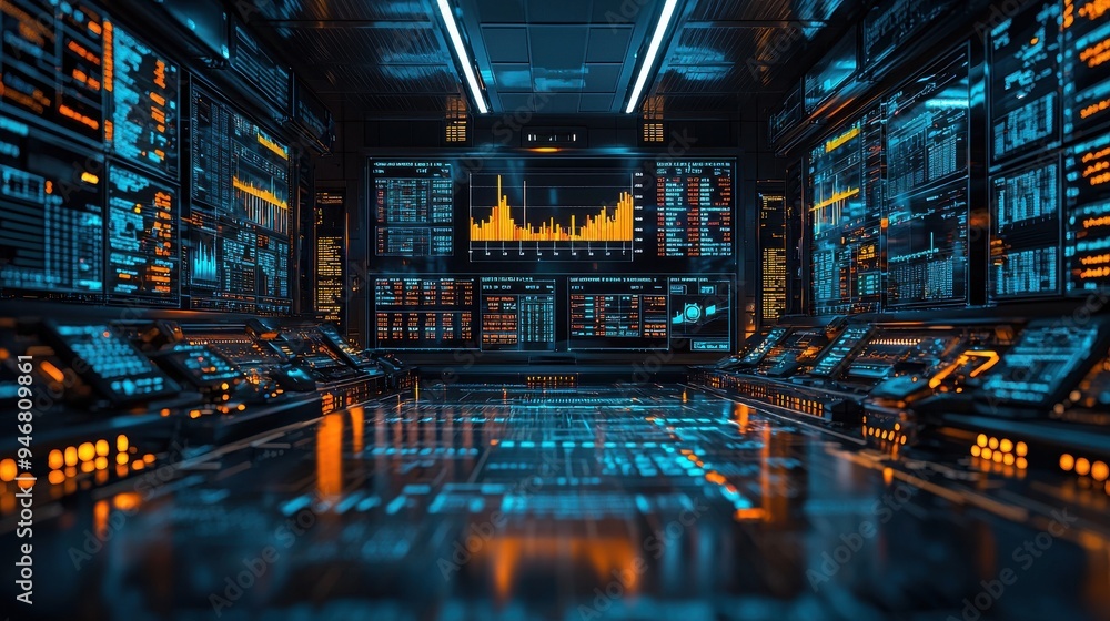 Poster dynamic trading environment, vibrant atmosphere filled with focused traders engaging with multiple s