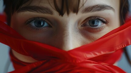 Naklejka premium Red ribbon covers the mouth of a woman. Close-up. A red cloth covers the woman's face. The concept of stopping violence against women, against female slavery, abuse, torture.