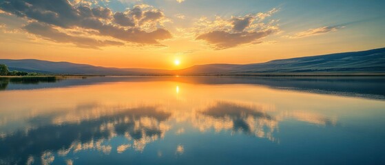 Obraz premium Sunset Over a Calm Lake With Mountains and Reflection