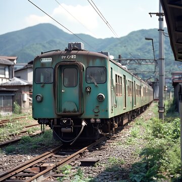 An old green train on tracks with mountains in the background, showcasing vintage transport.
