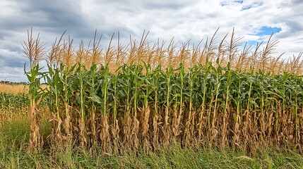 Golden Cornfield with Tall Stalks Under Clear Blue Sky on a Sunny Day