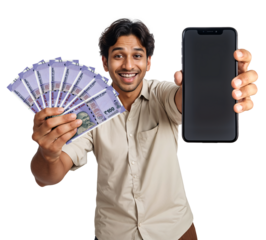 Excited man holding an Indian Rupee money and showing phone screen isolated background