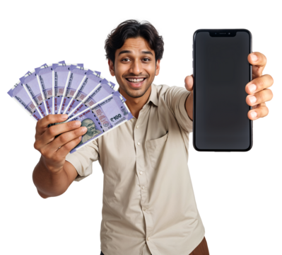 Excited man holding an Indian Rupee money and showing phone screen isolated background