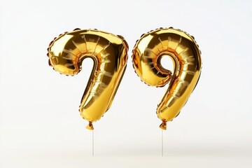 Number 79 golden inflatable foil balloons. Bright party decoration. Seventy nine years on white background