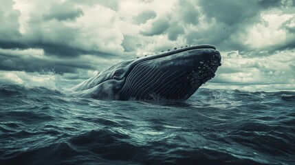 Fototapeta premium A majestic whale breaches the ocean surface under a dramatic, cloudy sky.