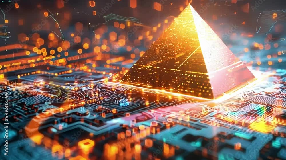 Poster glowing pyramid made of countless lights is emerging from a complex circuit board, symbolizing the g