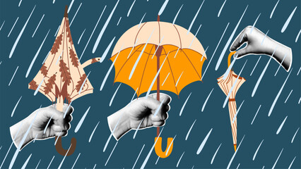Collage with vector umbrellas in halftone hands. Autumn weather. Fall rain. 