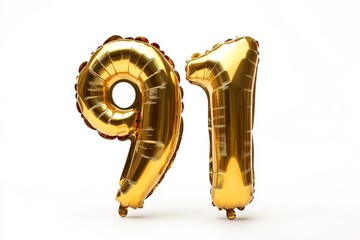 Number 91 golden inflatable foil balloons. Bright party decoration. Ninety one years on white background