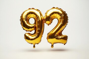 Number 92 golden inflatable foil balloons. Bright party decoration. Ninety two years on white background