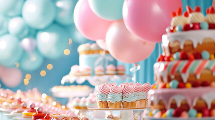 Whimsical Pastel Dessert Table with a Multi-Tiered Cake and Sweet Treats