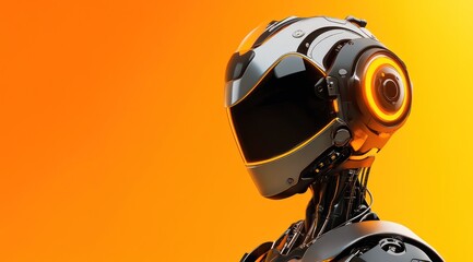 Un robot moderne et futuriste repr&eacute;sentant l'innovation et le d&eacute;veloppement rapide de l'intelligence artificielle, vue de profil sur un fond orange vibrant.