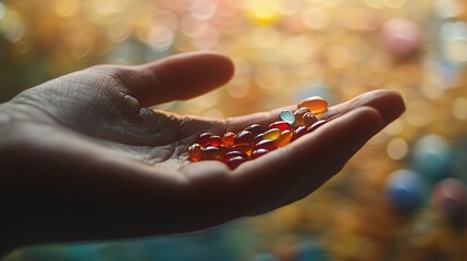 A hand holds colorful beads against a blurred, vibrant background.