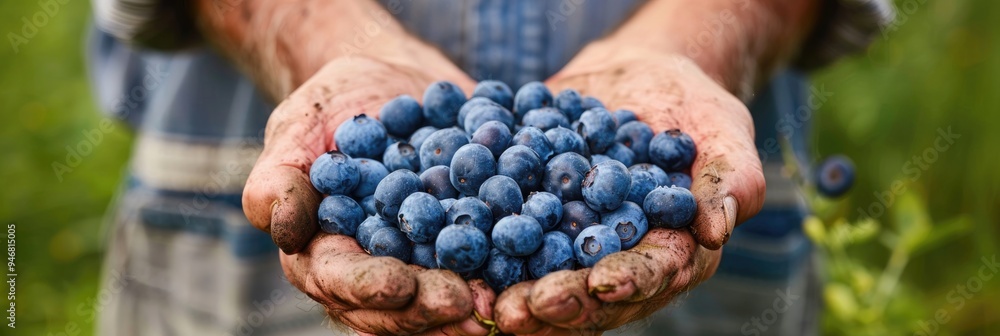 Poster farmer with freshly harvested blueberries on a countryside farm