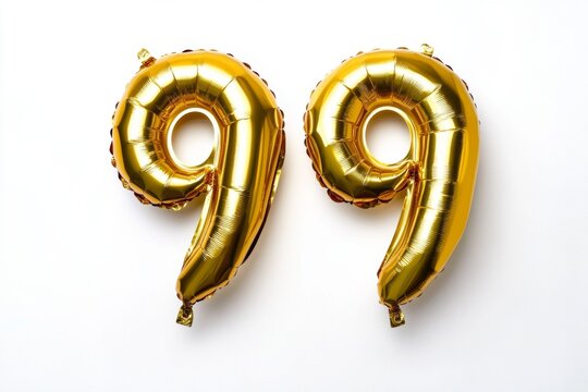Number 99 golden inflatable foil balloons. Bright party decoration. Ninety nine years on white background