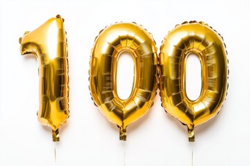 Number 100 golden inflatable foil balloons. Bright party decoration. One hundred years on white background