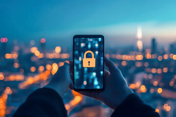 Fototapeta premium Smartphone with a lock symbol on the screen held against a blurred cityscape background, representing security and data protection