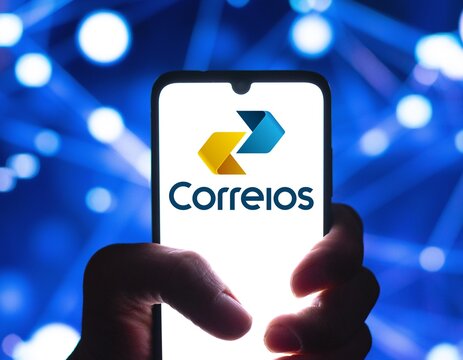 Photo illustration of the Correios logo is displayed on a smartphone screen, Brazil August , 2024