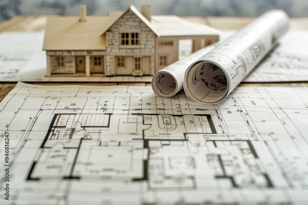 Poster architectural blueprints are spread on a table with a model house resting on top of the drawings