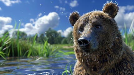 Fototapeta premium Bear close-up with a natural landscape generative ai