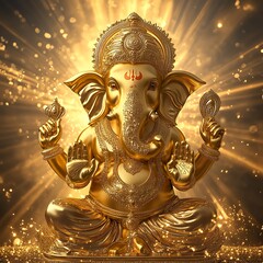 Obraz premium A golden statue of Ganesha radiating light and energy, symbolizing wisdom and prosperity.