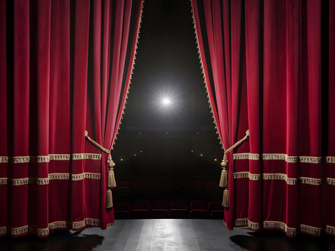Cortinas del teatro abiertas que muestran un escenario iluminado