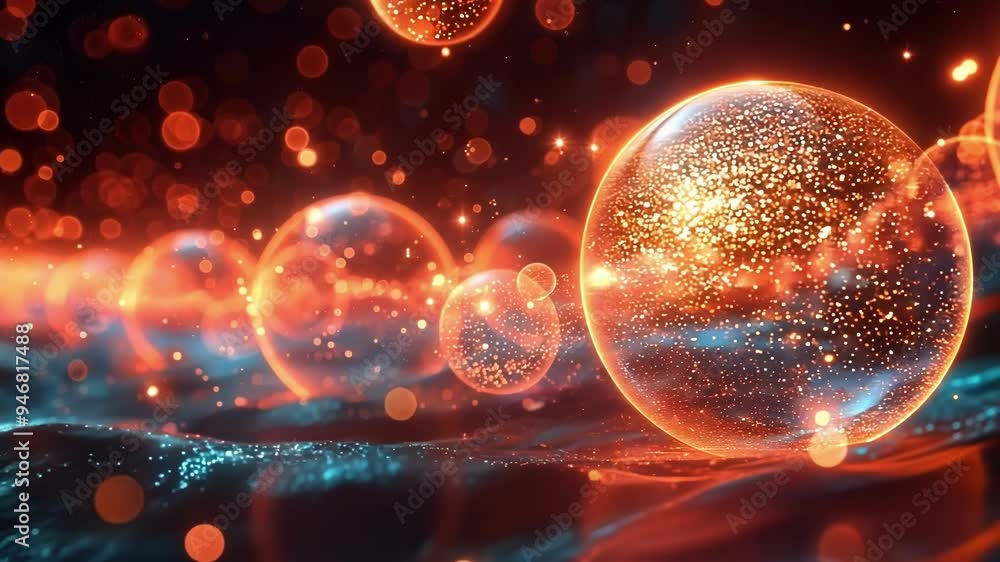 Poster graceful floating orange spheres glow above dark surface, creating network of light and energy in di