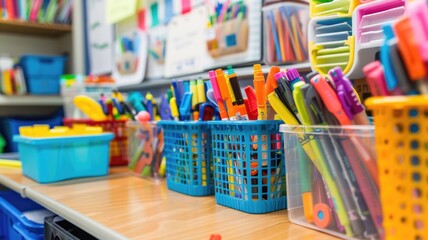 Neatly organized classroom supplies, including markers and educational materials