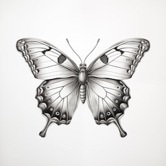 Butterfly pencil drawing on white background. Artistic illustration.