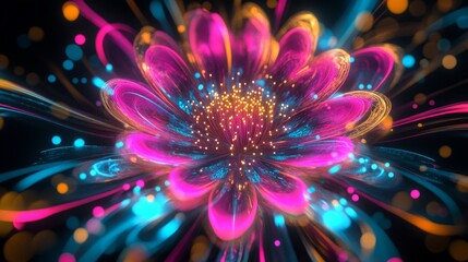 A vibrant flower blooms in a swirl of bright colors and glowing lights. This digital artwork captures beauty and energy in a stunning abstract style. Ideal for creative projects. AI