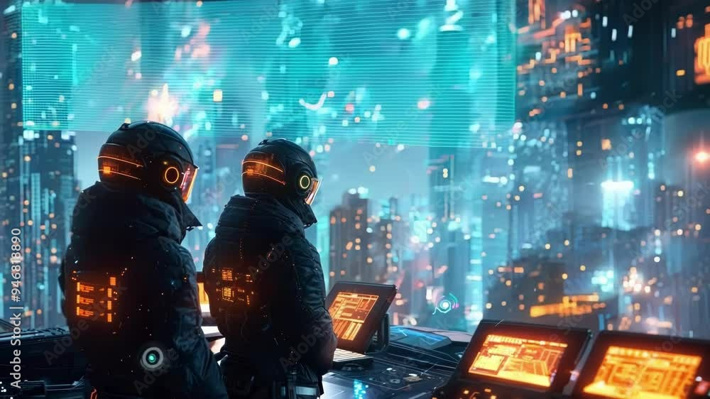 Poster two space traders are monitoring data on a futuristic stock exchange, surrounded by digital displays