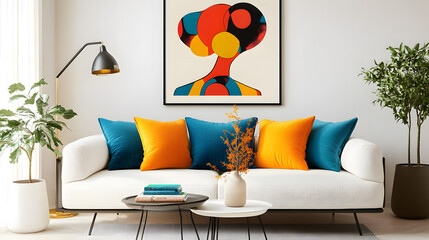 Scandinavian interior design of modern living room, home. Colorful vibrant pillows on white sofa against wall with art poster frame.