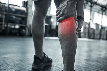 Calf pain, fitness and injury with person on floor of gym for accident, fail or mistake in black and white. Anatomy, leg and medical emergency with red highlight on athlete in grayscale from back © FremtonClay/peopleimages.com