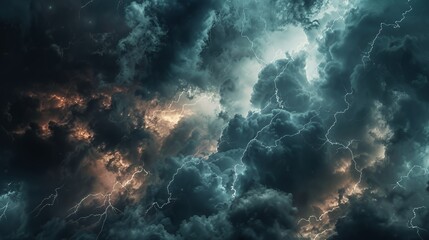 A dramatic sky filled with dark clouds and flashes of lightning, evoking a sense of power.