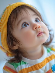 a baby looks up while wearing an outfit, in the style of cute and colorful, striped, i can't believe how beautiful this is, light amber and amber, isolated on white background
