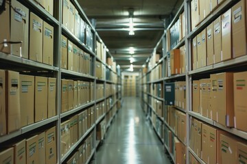 Rows of shelves holding cardboard boxes containing files fill a storage room with a narrow aisle for access