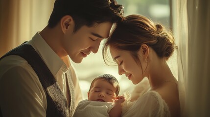 A photo capturing a tender moment of a family with a newborn, parents and siblings adoring the baby at home.