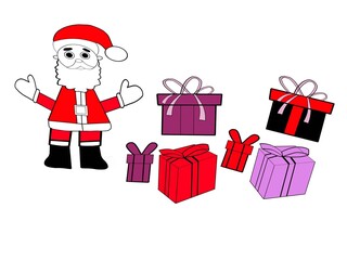 A digital design of a Santa claus with colored christmas gifts in a white background