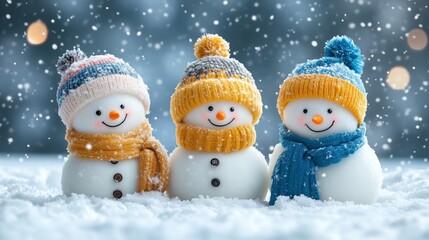 A charming illustration of cheerful snowmen dressed in colorful knitted hats and scarves against a dreamy, snowy backdrop.