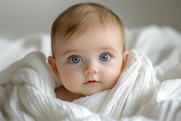 eight months white baby on a pure white linen blanket, in the style of calm and serene beauty