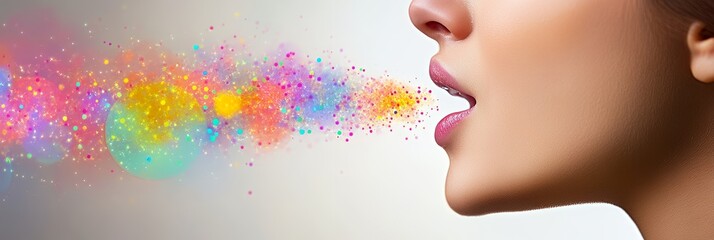 A profile of a woman exhaling colorful particles, symbolizing creativity and expression.