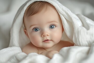 eight months white baby on a pure white linen blanket, in the style of calm and serene beauty
