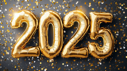 2025 golden ballon text effect, happy new year celebration, black background